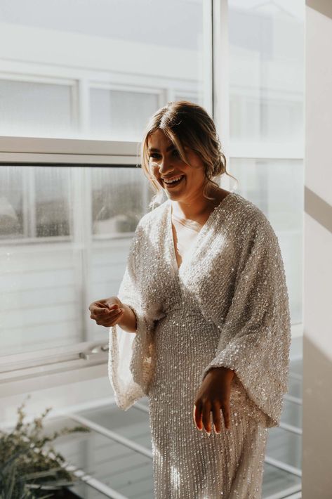 Kimono Party Dress, Sequin Elopement Dress, Asos Sequin Wedding Dress, Kimono Wedding Dress Modern, Kimono Sleeve Wedding Dress, Maximalist Wedding Dress, Nye Wedding Dress, Bridal Shower Dress Ideas, Sparkly Reception Dress