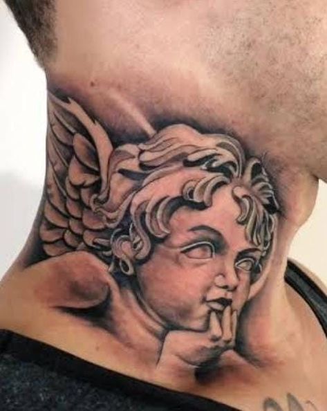 Angel Whispering In Ear Tattoo Design, Angel Whispering In Ear Tattoo, Angel Neck Tattoo, Half Sleeve Tattoos Sketches, Aztec Tattoos Sleeve, Side Neck Tattoo, Skull Hand Tattoo, Throat Tattoo, Money Tattoo