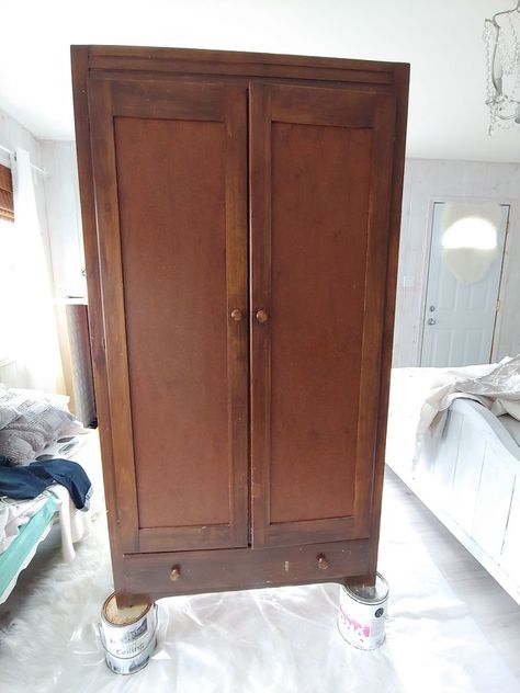 Beauty of an Update!  Armoire Makeover!  I found this ugly dated wardrobe online for a great price so I could not resist! I knew right away what I wanted to do with it!  #hometalk #furniture #furnituremakeover #furnitureredo #furniturepainted #paintedfurniture #diy #crafts #furniturediy #howto Refinishing Armoire, Vintage Armoire Makeover, Repurposed Armoire Ideas, Armoire Repurpose, Armoire Diy, Antique Ideas, Armoire Makeover, Recycling Crafts, Repurposing Ideas