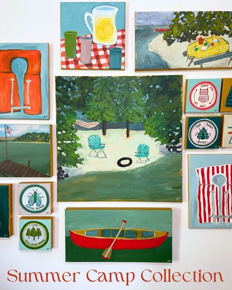 Summer Camp Collection is now live! 🛶🏕️☀️🩱🎉 This collection has been in the works for months and it feels so good to get it in your hands and homes! But don’t wait to purchase. I’m heading to @porterflea today and tomorrow (6/14-15) and I don’t know how long these paintings will last! If you in the Nashville area, come see me at Booth 25! 😁 #gpwart #ginnypworsleyart #summercampcollection #pfsummer24 #summersatthelake #summercampvibes Small Lake Cottage Interiors, Horizontal Acrylic Painting, Small Lake Cottage, Square Acrylic Painting, Retro Beach House, Camp Collection, Lake Painting, Life Vest, Lake Art