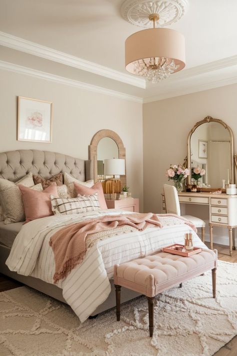 Minimalist girly bedroom with pastel bedding and warm lighting. Pink Neutral Bedroom, Pink Minimalist Bedroom, Bedding Neutral, Bedroom Glam, Pastel Bedding, Girly Decor, Tufted Headboard, Fur Throw, Pink Bedroom