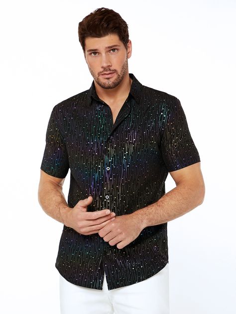 Black Party Collar Short Sleeve Fabric Galaxy,Ombre Shirt Embellished Non-Stretch  Men Tops Sparkle Outfit Men, Glittery Outfit For Men, Glam Party Outfit, Gay Clothes, Glitter Outfit, Ombre Shirt, Sparkle Outfit, Shein Men, Taylor Outfits