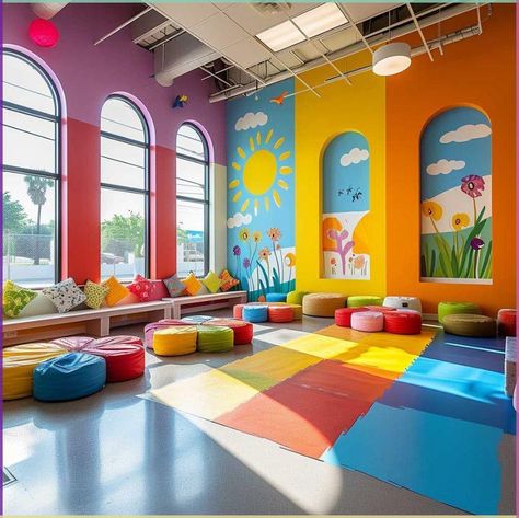 Creche Room Ideas, Indoor Playground Theme, Day Care Ideas Decoration, Daycare Decorating Ideas, Daycare Mural, Playful Classroom, Daycare Rooms Setup, Daycare Room Design, Daycare Playground