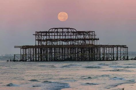 Photo by Max Langran. Blood moon over The West Pier Brighton Photography, Brighton England, English Summer, Brighton And Hove, Rock Pools, Blood Moon, A Level Art, Photography Prints, Sunset Pictures