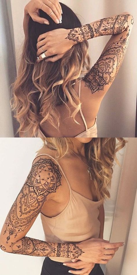 Aztec Tattoo Sleeve Woman, Forearm Wrapped Tattoo, Jewelry Tattoo Sleeve, Bohemian Shoulder Tattoo, Lower Arm Mandala Tattoos For Women, Lotus Tattoo Sleeve For Women, Women’s Arm Tattoo Ideas, Henna Calf Tattoo, Chandelier Tattoos For Women Arm