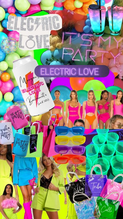 Diamond And Jewels Bachelorette, Color Block Bachelorette Party, Bach Night Outfit Themes, Neon Bachelorette Party Decor, Bachelorette Pool Party Favors, Bachelorette Neon Outfits, Neon Night Bachelorette Outfits, Festival Bachelorette Party Theme, Electric Love Bachelorette Party