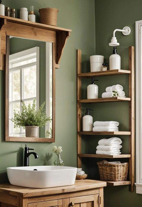 Green Bathroom Shelves, Olive Colored Bathroom, Pistachio Green Bathroom, Earthy Home Aesthetic Bathroom, Sage And Wood Bathroom, Green Bathrooms Aesthetic, Green Color Scheme Bathroom, Small Bohemian Bathroom, Natural Color Bathroom Ideas