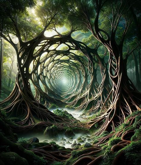 Forest Fantasy World, Lord Of The Rings Forest, Feywild Art, Findhorn Scotland, Fantasy World Forest, Fey Forest, Nature Fantasy Art, Forest Mural, Magical Tree