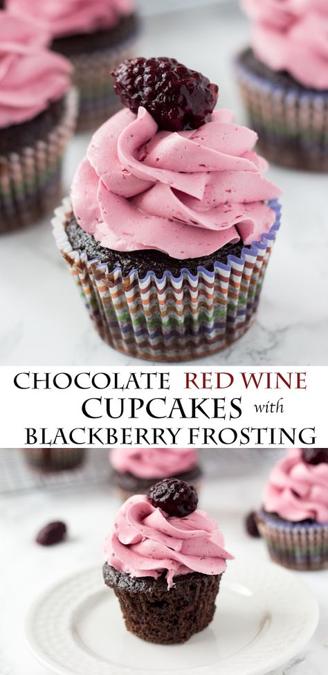 Chocolate Red Wine Cupcakes - a rich dark chocolate cupcake is filled with marion blackberry compote and topped with fluffy buttercream ~ http://blahnikbaker.com @orberries Red Wine Cupcakes, Blackberry Chocolate, Fluffy Buttercream, Blackberry Compote, Wine Cupcakes, Boozy Cupcakes, Dark Chocolate Cupcakes, Torte Cupcake, Dessert Cupcakes