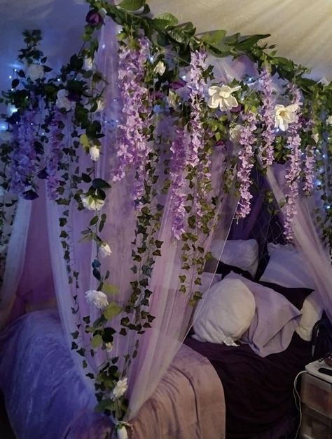 Bedroom Hanging Flowers, Dark Blue Bohemian Bedroom, Hanging Wisteria Bedroom, Flower Decor Bedroom, Fairy Bedroom Aesthetic, Enchanted Decor, Pink Fairycore, Enchanted Bedroom, Fairytale Room