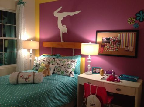 Enclave Boca unit in Orlando, FL  Gymnastic themed girl's room Bar Headboard, Gymnastics Room Decor, Gymnastics Bedroom, Gymnastics Motivation, Gymnastics Decor, Teen Room Designs, Gymnastics Room, Girls Room Design, Themed Bedroom