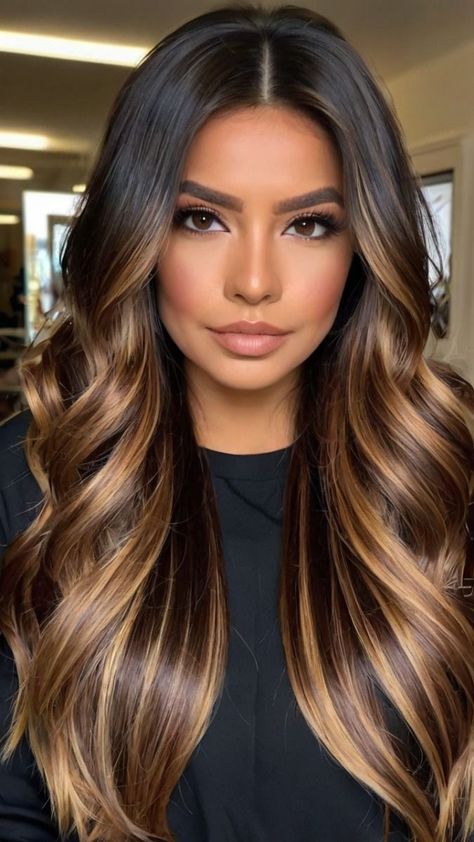 Long Hairstyles Highlights, Hair Coloring For Dark Hair, Balayage On Brown Girl, Natural Looking Highlights Brown Hair, Thick Blonde Highlights On Dark Hair, Hair Color Ideas For Brunettes Hilights, Honey Brown Hair Balayage, Browns Highlight, Hair Color 2024 Trends Women