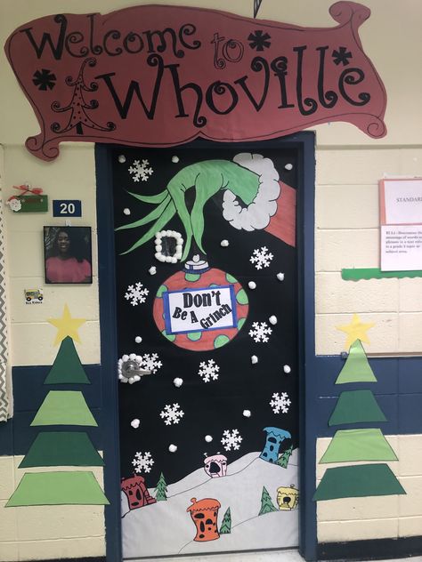 Whoville Christmas Classroom Door, Christmas Classroom Door Grinch, Grinch Office Door, Grinch School Door, Grinch Office Door Decorating Ideas, Grinch Christmas Door Classroom, Grinch Door Decor, The Grinch Door Decorations, Grinch Doors