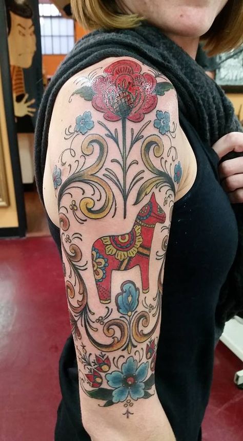 Folk Art Tattoo Scandinavian, Swedish Tattoos For Women, Scandinavian Folk Tattoo, Swedish Horse Tattoo, Swedish Dala Horse Tattoo, Swedish Folk Art Tattoo, Scandanavian Tattoo, Scandi Tattoo, Scandinavian Folk Art Tattoo