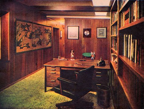 modern study room 1960...oh I am soooo claustrophobic just looking at this. 1960s Office Interior, 70s Aesthetic Home Office, Vintage Office Aesthetic, 1940s Office, Princess Irulan, 1960s Office, Modern Study Rooms, 50s House, 60s Interior