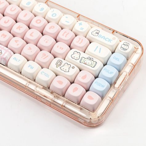 Specs Keys Number: 139 Keys Material: PBT Dye Sublimation Profile: MOA Profile Compatibility Friendly Remind: Only Keycaps included, no keyboard. Compatibility: 60%/70%.80%/90%/100% layout keyboards. Not compatible with Razer/Corsair/Dareu EK85 and short profile keyboards. Features Resistance to yellowing & Oiling Thicker keycaps can also contribute to a more muted typing sound. Cute Custom Keyboard, Pastel Keycaps, Aesthetic Keyboards, Kawaii Keyboard, Fancy Keyboard, Cute Keyboard, Different Types Of Aesthetics, Unique Keyboards, Gaming Keyboard And Mouse