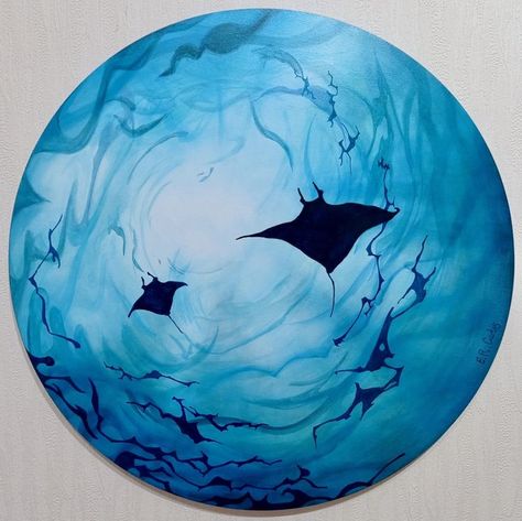 Painting Circle Canvas, Circular Canvas Painting, Abstract Underwater, Sea Paintings, Circular Canvas, Circle Canvas, Underwater Painting, Sea Life Art, Circle Painting