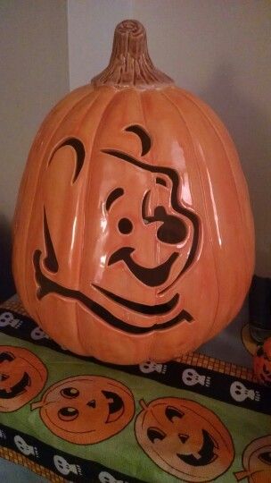 Carved ceramic Winnie the Pooh pumpkin. barbceramics@yahoo.com Pooh Bear Pumpkin Carving, Winnie The Poo Pumpkin Carving, Pumpkin Carving Ideas Winnie The Pooh, Winnie The Pooh Pumpkin Carving, Winnie The Pooh Carved Pumpkin, Disney Pumping Carving, Pumkin Carving Disney Castle, Pooh Pumpkin, Small Pumpkin Carving Ideas