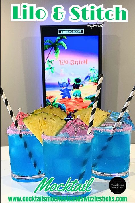 this image shows three blue drinks with pink rim, black and white striped straws, pineapple wedges and cocktail umbrellas in front of a lilo and stitch movie poster Lilo And Stitch Birthday Party, Lilo And Stitch Birthday, Hawaiian Themed Party, Stitch Birthday Party, Lilo And Stitch Movie, Movie Night Dinner, Stitch Movie, Disney Dinner, Lilo Und Stitch