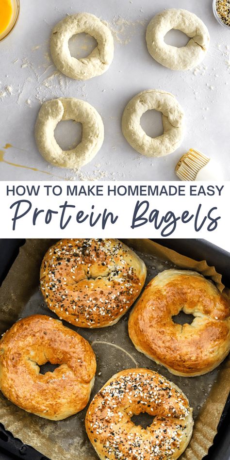 You can make protein bagels right at home with just 3 simple main ingredients. These bagels have 10 grams of protein each and are made with cottage cheese, flour, and baking powder. They come together quickly and can be made in the air fryer or oven. Great for breakfast or lunch any day of the week! Customize the toppings or make them gluten-free! Good Simple Recipes, Breakfast Using Protein Powder, Gluten Free High Protein Bagels, Lowfat Cottage Cheese Recipes, Protein Heavy Breakfast Ideas, Air Fryer Protein Bagels, Stuff To Make With Cottage Cheese, High Protein Meals Without Protein Powder, Protein Snacks Air Fryer