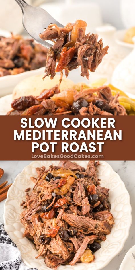 Slow Cooker Mediterranean Pot Roast pin collage Slow Cooker Mediterranean, Slow Cooker Pot Roast Recipes, Italian Roast, Delicious Veggies, Slow Cooker Roast, Crockpot Roast, Pot Roast Slow Cooker, Pot Roast Recipes, Best Slow Cooker