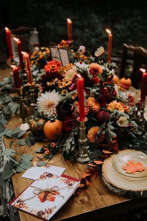 Witchy Autumn Wedding, Autumn Wedding Venue Decor, Autumn Tipi Wedding, Autumn Party Table Decor, Autumnal Table Settings, Woodland Autumn Wedding, Pumpkin Fall Wedding Decor, Cozy Fall Wedding Decor, Autumn Table Display