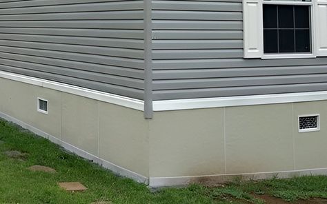 Sheet Metal Underpinning, Board And Batten Siding On Mobile Home, Cheap Mobile Home Skirting Ideas, Wood Skirting For Mobile Home, House Skirting Ideas Exterior, Mobile Home Underpinning Ideas, Underpinning Ideas Mobile Home, Trailer Skirting Ideas, Shed Skirting Ideas