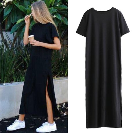 Long Black Dress Casual, Long Black Bodycon Dress, Split Long Dress, Summer Black Dress, Looks Party, Long Dress Casual, Maxi Shirt Dress, Long Black Dress, Long Tshirt