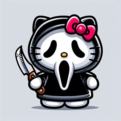 Hello kitty dressed as ghostface Hello Kitty Ghost, Hello Kitty Wallpaper Black, Gangsta Hello Kitty, Hello Kitty Banner, Kitty Banner, Hello Kitty Desenho, Hello Kitty Clipart, Holding A Knife, Tapeta Z Hello Kitty