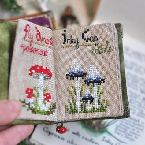 Fungi Book Stitch Along.halloweencross Stitchstitch.mushroom Cross Stitch Pattern. Cottagecore Cross Stitch. SAL by Livingontherainbow - Etsy UK Cute Mushroom Cross Stitch, Embroidered Needle Book, Ways To Display Cross Stitch, Cottagecore Cross Stitch Pattern, Cross Stitch Display Ideas, Cross Stitch Crafts, Cross Stitch Pins, Display Cross Stitch, Cottagecore Cross Stitch