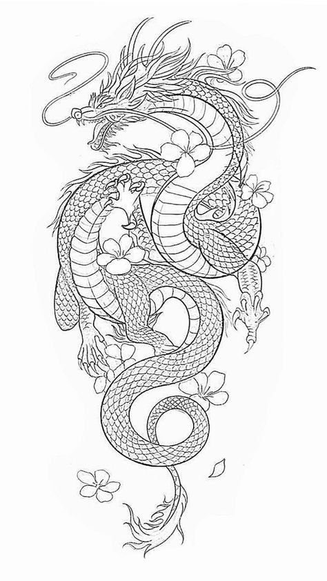 Dragon Back Tattoos, Dragon Tattoo Outline, Dragon Mandala, Dragon Tattoo Stencil, Blue Dragon Tattoo, Floral Dragon, Dragon Tattoo Drawing, Ink Tattoo Design, Red Tattoo Ideas