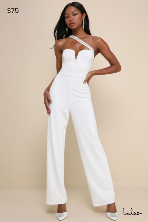 Compliments will rain when you're strutting through the night in the Lulus Sparkling Praise White Notched Rhinestone One-Shoulder Jumpsuit! This stunning jumpsuit has a crepe knit fabrication that shapes a notched neckline (with internal V-bar support and hidden no-slip strips) and a single, rhinestone-adorned asymmetrical strap that secures at the back with an internal button closure. The princess-seamed bodice has a high, fitted waist that tops straight pant legs with full-length hems. Hidden Homecoming Jumpsuit, Tube Top Jumpsuit, White Tube Top, Classy Jumpsuit, Rehearsal Dinner Dresses, Notched Neckline, One Shoulder Jumpsuit, Cute Wedding Ideas, Dinner Dress