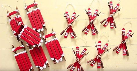 Diy Christmas Ornaments Ski, Sled Ornaments Diy, Sleigh Ornaments Diy, Ski Ornaments Diy, Ski Ornaments, Diy Sled, Popsicle Stick Diy, Popsicle Stick Christmas Crafts, Diy Popsicle Stick Crafts