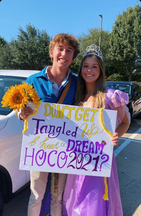 Tangled Inspired Hoco Proposal, High School Musical Hoco Proposal, Finding Nemo Hoco Proposals, Hoco Tangled Proposals Ideas, Book Of Life Promposal, Tangled Hoco Proposal Best Friends, Cute Ways To Ask Your Bf To Prom, Rapunzel Themed Hoco Proposal, Rapunzel Promposal Ideas