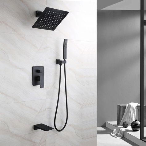 Rain Shower System, Brass Shower Head, Matte Black Bathroom, Contemporary Shower, Shower Fixtures, Rainfall Shower Head, Tub Spout, Black Shower, Shower Hose