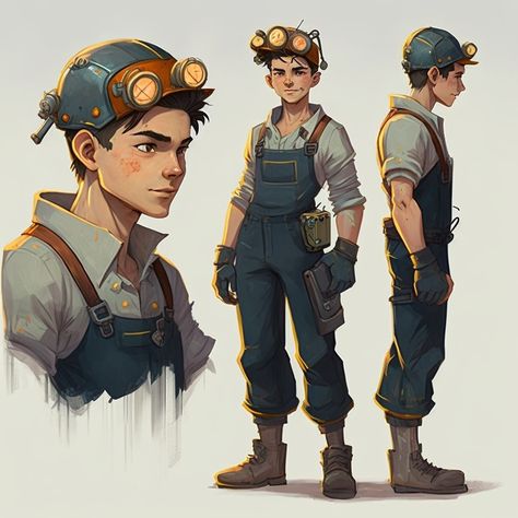 Factory Worker Character Design, Futuristic Engineer Character, Construction Worker Character Design, Engineer Oc Male, Mechanic Outfit Character Design, Overalls Character Design, Miner Character Design, Mechanic Oc Male, Journalist Character Design