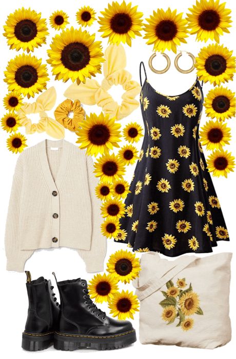 90s Sunflower Dress Outfit, Sun Flower Outfit, Sunflower Aesthetic Clothes, Suncore Aesthetic Outfits, Harry Styles Summer Outfit, Sunflower Inspired Outfit, Sunflower Aesthetic Outfit, Sunshine Outfit Aesthetic, Sunflower Dress Aesthetic