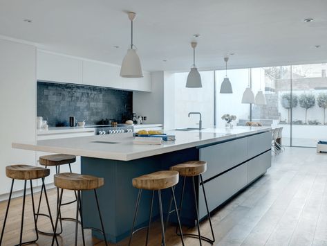 A Bold Blue  White Linear Basement Kitchen Drawers Ideas, Island Table, Kitchen Island Table, Basement Kitchen, Modern Kitchen Island, Kitchen Island With Seating, Extension Ideas, Diy Kitchen Island, Dream Kitchens