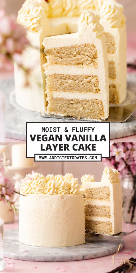 An image of a fluffy and moist vegan vanilla cake on a marble plate. The cake has three layers with a creamy white frosting in between and on top. It is decorated with sliced piped buttercream. Vegan Vanilla Sponge Cake, Vanilla Vegan Cake, Vegan Moist Cake, Best Vegan Vanilla Cake, Vegan Wedding Cake Recipe, Vegan Layer Cake, Vegan Cakes Recipe, Vegan Cake Recipes Vanilla, Vegan Birthday Cake Recipe