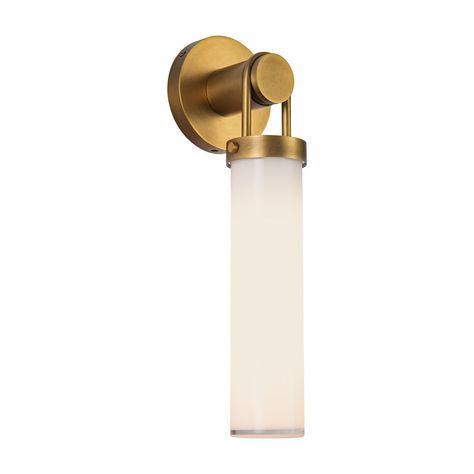 Alora Canada - One Light Wall Sconce - Wynwood - Vintage Brass/Glossy Opal Glass- Union Lighting Luminaires Decor Wynwood Walls, Wall Vanity, Glass Light Fixture, Industrial Hardware, Lighting Guide, Wall Light Fixtures, Glass Texture, Glass Material, Shop Lighting