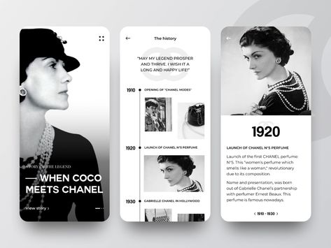 Coco Chanel Inspired Mobile App UI Design by Anastasia Eletskaya on Dribbble Chanel Branding Design, Chanel Graphic Design, Coco Chanel Designs, Website Overlay, Chanel Presentation, Indesign Layout Inspiration, Chanel Branding, Chanel Magazine, Chanel Advertisement