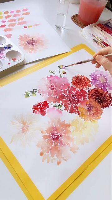 Farah on Instagram: "Fluffy Dahlia blooms for the weekend! Enjoy 😊 Learn to paint Dahlia. Link in bio #watercolor #watercolorpainting #dahlias #cafeaulait ©️paintstobrushes" Watercolour Dahlia Flower, Dahlia Painting Watercolors, Diy Large Watercolor Wall Art, How To Paint Watercolor Dahlias, How To Draw Dahlia, How To Paint Dahlias, Watercolor Dahlia Tutorial, Dahlia Flower Watercolor, Dalia Watercolor