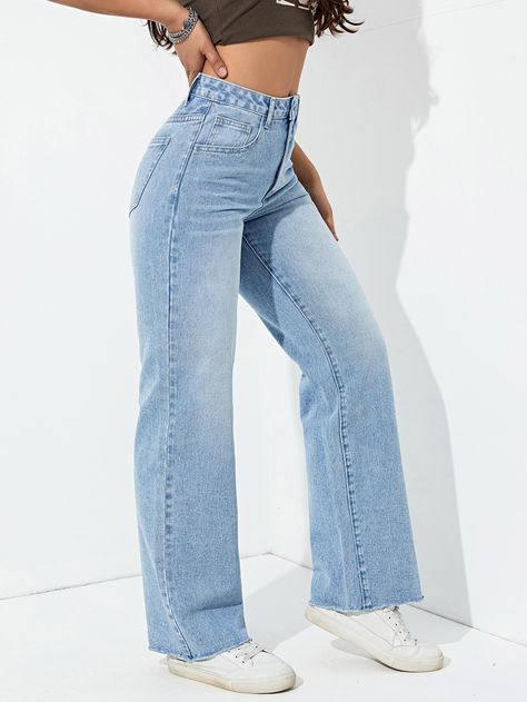 Light Wash  Collar  Denim Plain Straight Leg Embellished Non-Stretch  Women Clothing Women’s Jeans, Light Blue Jeans Women, Cute Blue Jeans, Strait Leg Jeans, 2023 Jeans, Trending Jeans, Straight Leg Jeans Women, Lightwash Jeans, Jeans No Holes