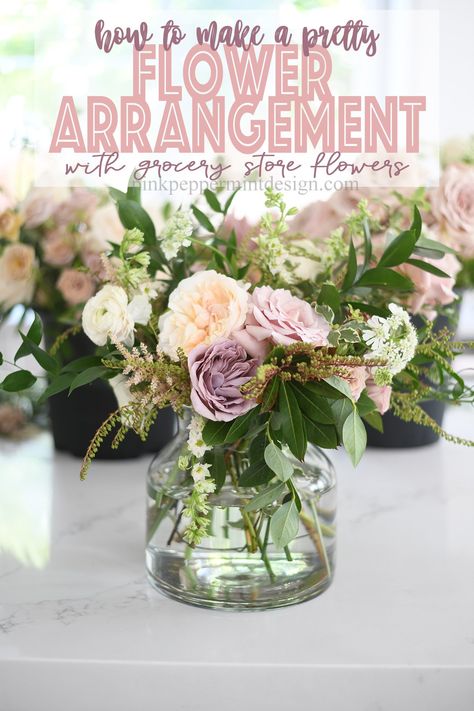 Learn how to make a pretty flower arrangement with easy to find and inexpensive grocery store flowers in this simple tutorial. #DIY #flowerarranging #Decor #Wedding #BridalShower #PinkPeppermintDesign Diy Flower Arranging Tutorials, Diy Real Flower Arrangements, Diy Flower Vase Centerpiece, Simple Arrangements Floral Design, Flower Arrangements Vase Ideas, Diy Flowers In Vase, Simple Pink Floral Arrangements, Simple Diy Flower Arrangements, How To Make A Flower Arrangement Vase