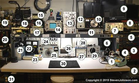 What's What Electronics Workspace, Electronics Lab Workbenches, Electronics Workbench, Cell Phone Repair Shop, Electronics Background, Workbench Designs, Laboratory Design, Electronic Workbench, Electronics Workshop