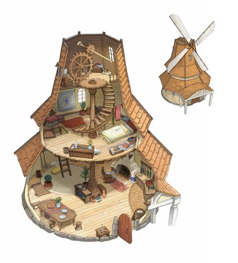 Futuristic Small House, Windmill Concept Art, Windmill Interior, Writing Fantasy Novel, Environment Background, Tree House Drawing, Paper Windmill, Interior Minecraft, Live Peacefully