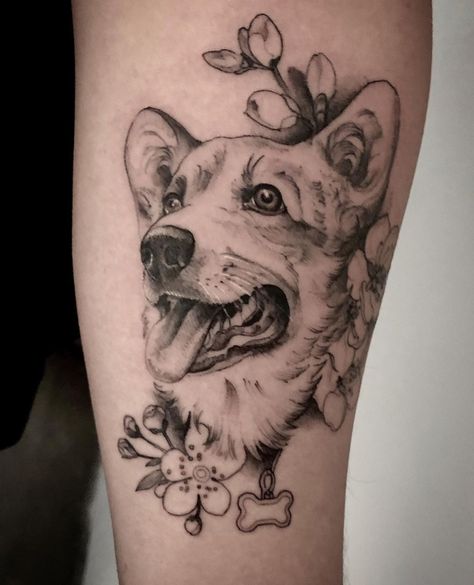 Semi Realistic Dog Tattoo, Dog Floral Tattoo Ideas, Corgi Portrait Tattoo, Realism Dog Tattoo, Dog Thigh Tattoo, Corgi Tattoo Minimalist, Doggo Tattoo, Animal Tattoo Sleeve, Dog Face Tattoo