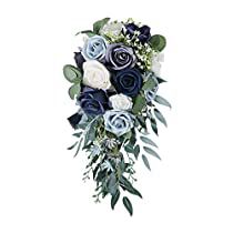 Check this out! Holding Bouquet, Elegant Wedding Bouquets, Handmade Wedding Bouquet, Bouquet For Wedding, Cascading Wedding Bouquets, Bride Floral, Blue Wedding Flowers, Real Touch Flowers, Fabric Roses