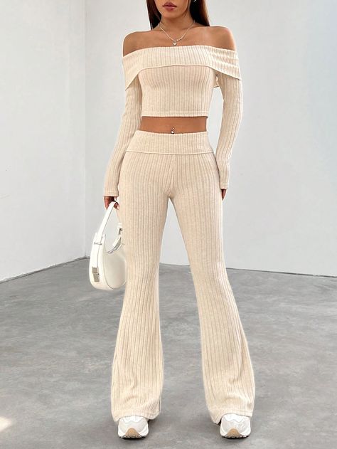 Apricot Casual Collar   Plain  Embellished High Stretch  Women Clothing Flare Leg Pants Outfit, Traje Casual, Pantsuits For Women, Flare Leg Pants, Casual Suit, Neutral Fashion, Casual Sets, Inspiration Mode, Outfit Set