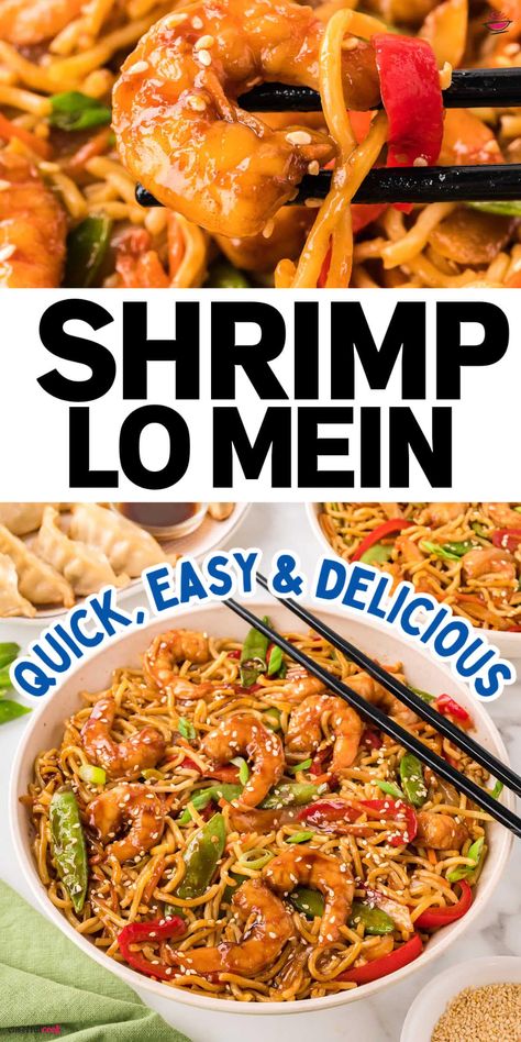 Better than takeout! Our homemade Shrimp Lo Mein recipe a delightful mix of juicy shrimp, tender noodles, and fresh veggies, all tossed in a savory sauce. Quick, easy, and packed with flavor, it's the perfect 30-minute meal for any night. #CheerfulCook #ShrimpLoMein #HomemadeTakeout #Easy #Shrimp #chinesefood via @cheerfulcook Low Mein Recipe, Lomein Recipes, Shrimp Noodles Recipes, Shrimp Lo Mein Recipe, Shrimp Lo Mein, Lo Mein Recipe, Shrimp Noodles, Homemade Chinese Food, Chow Mein Recipe